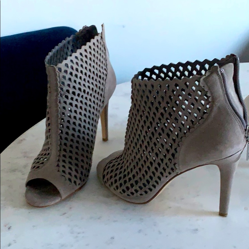 Peep toe gray perforated booties